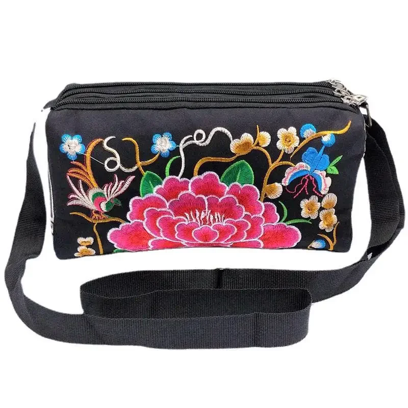 2024 New Ethnic Style Embroidery Bag Three Zipper Double Sided Women Shoulder Crossbody Bag Handbags for Women Bolso Mujer