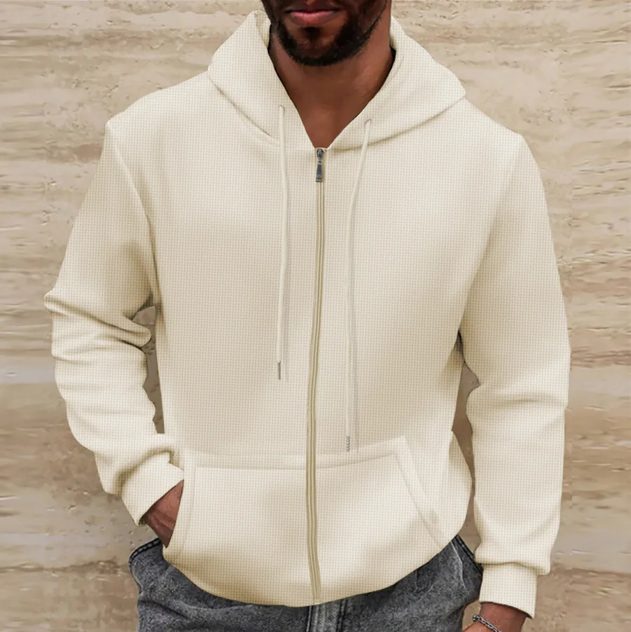 Mens winter casual threedimensional patch bag Waffle zipper solid color pocket long sleeve jacket fashion hoodie 241108