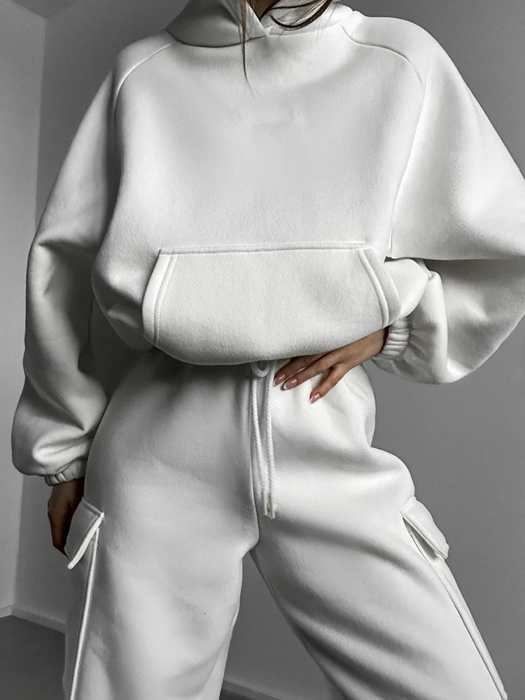 Autumn womens casual sports hoodie set Solid color long sleeved pocket hoodies Lace up work pants Ladys two piece 241111