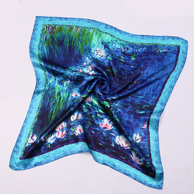 Brand 100% Natural Silk Women Scarf Claude Monet Oil Painting Water Lily Bandana Foulard Female Square Hair Scarves 53*53cm 9b804