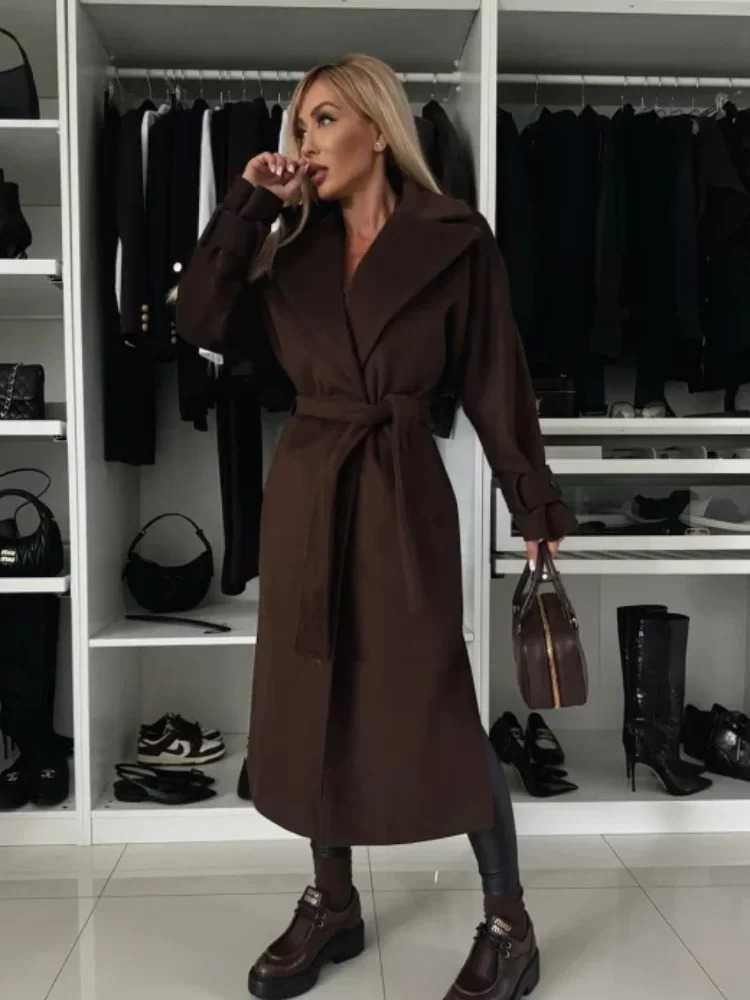 Elegant wine red collar womens coat with belt fashionable long sleeved side split wool blend coat winter womens fashionable coat 241112