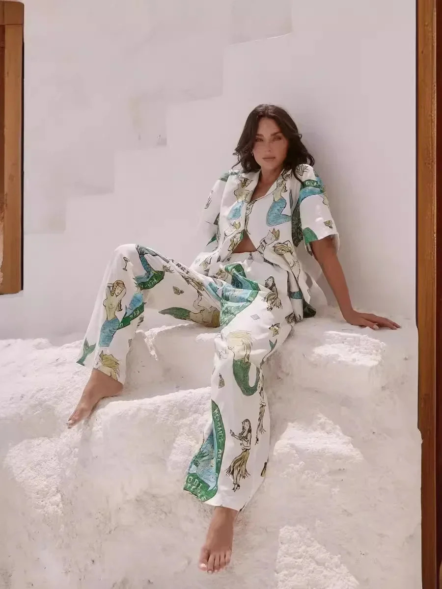 Short Sleeve Loose Pants Vintage Printed Graphic Casual Women Shirt Top Suits Summer Fashion Blouse 2 Piece Sets Outfits Holiday 241111