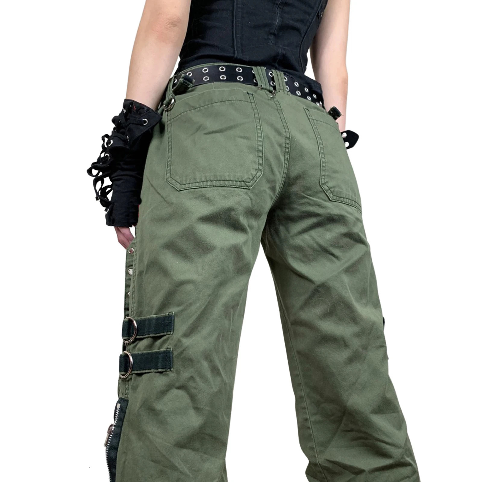 Y2k Fashion Punk Style Autumn Cargo Pants Punk Low-Waist Zipper Fly Casual Pants with Pockets for Girls Green 241112