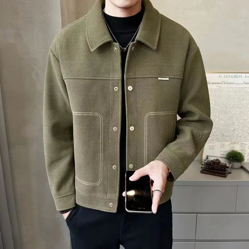 Fashion Lapel Button Spliced All-match Solid Color Jackets Mens Clothing Autumn Winter Loose Casual Tops Korean Coats 241112