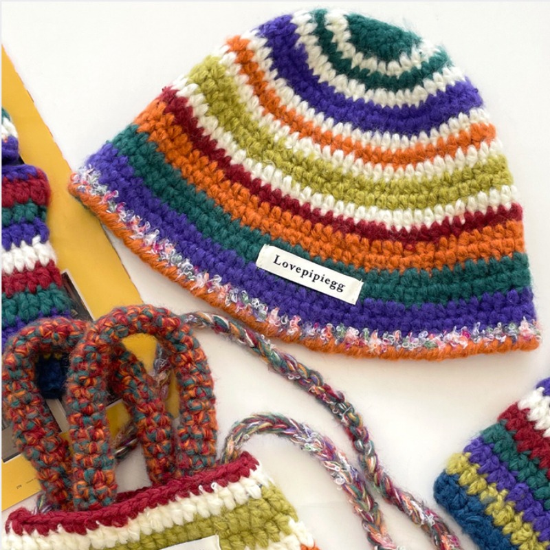 Japanese Retro Bag Gloves Knited Bucket Hat Women Autumn Winter Rainbow Striped Crochet Three-piece Set Designer Cute Funny Hat 57a2c