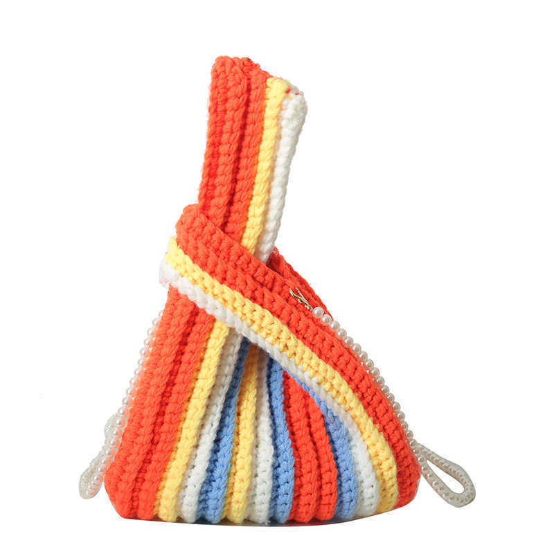 This year's popular large capacity striped contrasting shoulder bag for women, 2024 autumn and winter new yarn knitted hand-held bucket bag