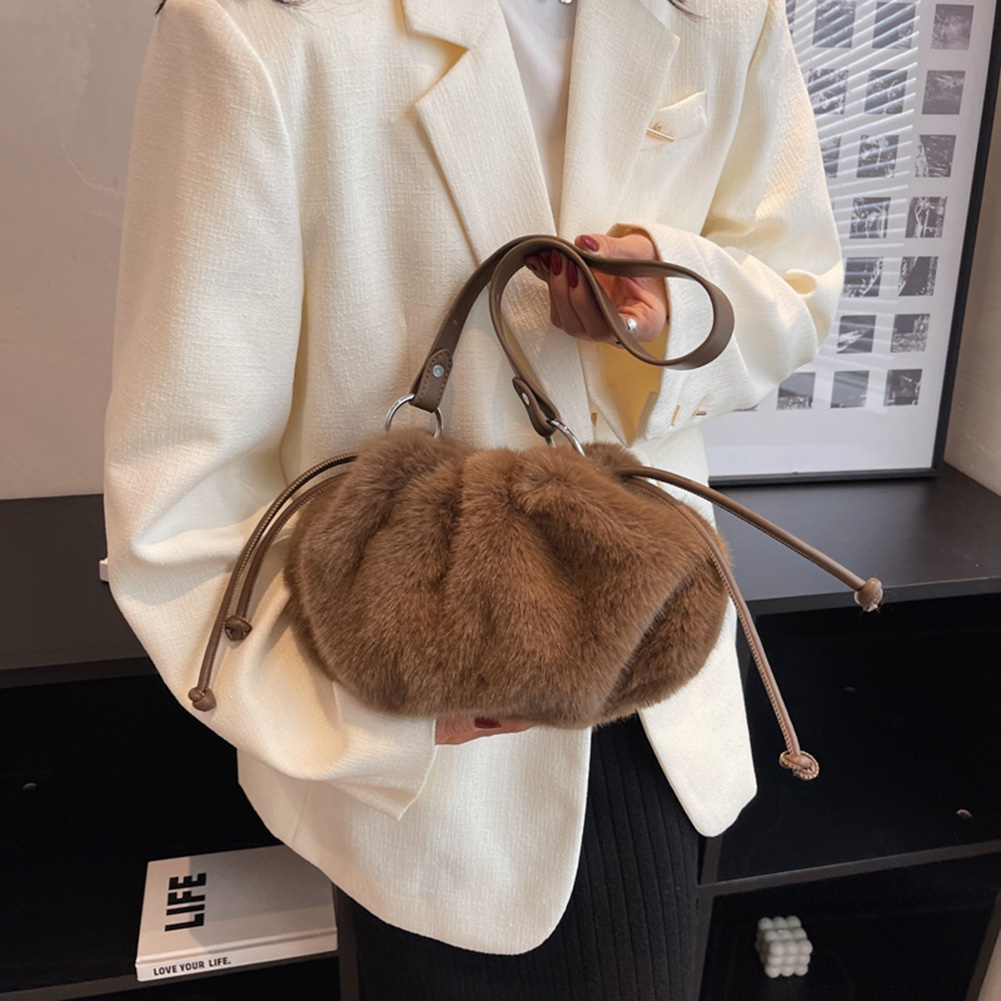 Women Plush Drawstring Bag Soft Plush Versatile Purse Faux Fur Fluffy Dating Bag Solid Color Female Winter Daily Bag