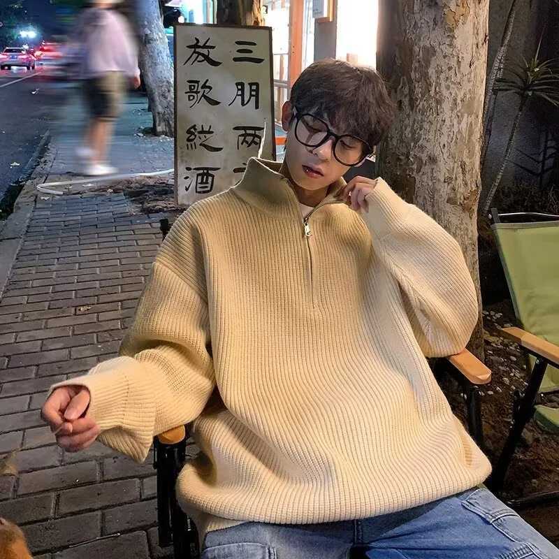 Autumn Turtleneck Half Zipper Sweater Mens New Y2K Retro Street Pulling Korean Fashion Solid Color Knitted Jersey Hombre W2411111