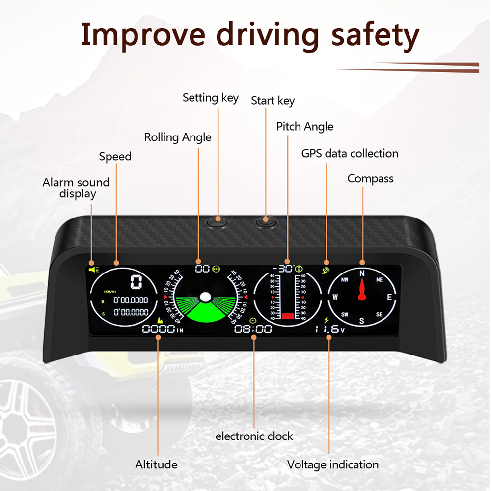 X90 Slope Meter Inclinometer Car Altitude GPS Speedometer HUD Pitch Tilt Angle Protractor Clock Latitude Longitude Campass 5e4e1