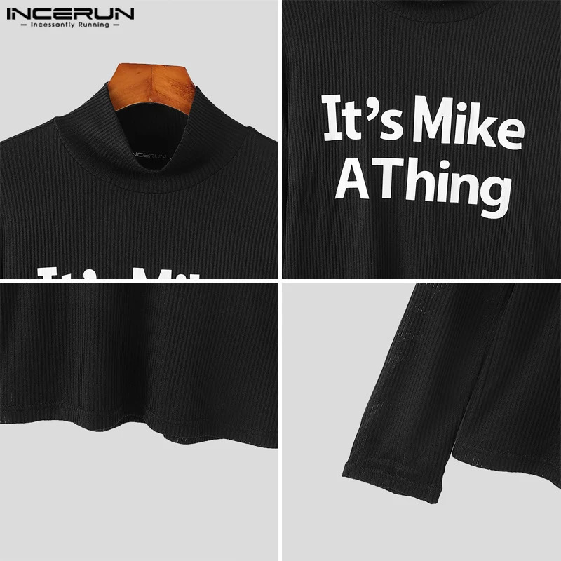 INCERUN Mens T-shirt Autumn Turtle Collar Long Sleeve Letter Printed Knitted Top Loose Breathable Striped T-shirt 241112