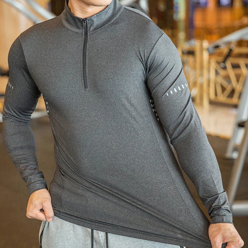 Mens Sports T-Shirt Long Sleeve Top Gym Clothing Fitness Compression Shirt Half Zip Pullover Quick Dry Sportswear 241112