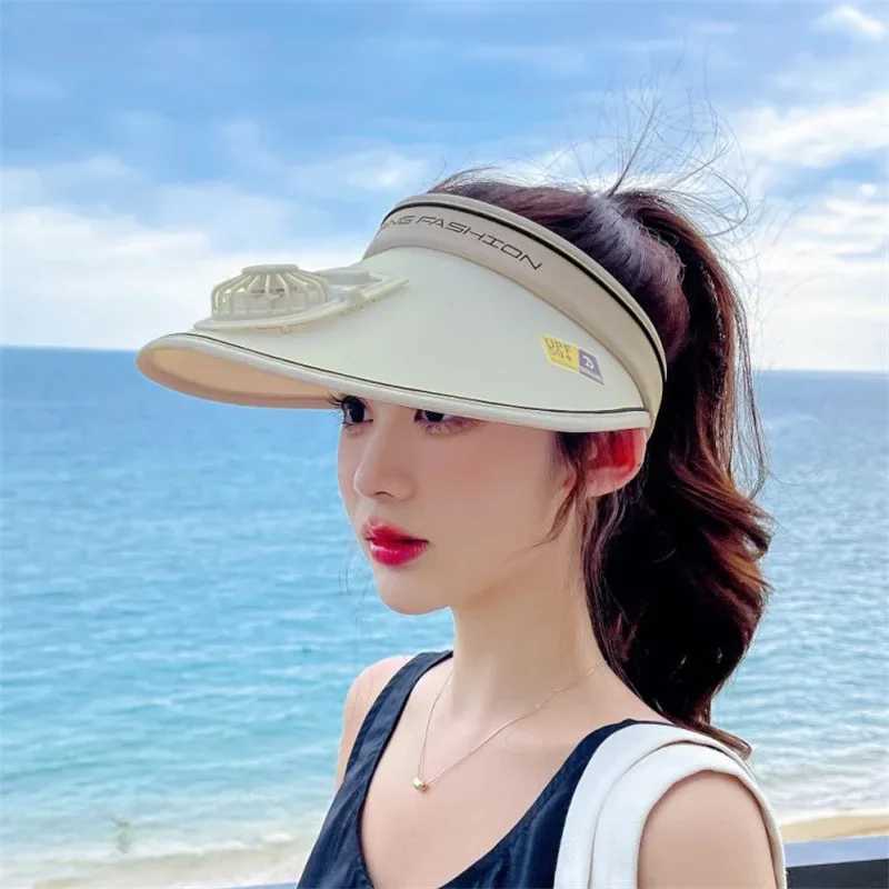 Visors Wide Brim Hats Bucket Hats Summer UV Protection Visor Women Beach Hat 3-speed Regulation Electric Fan Empty Top Hat Holiday Sunshade Bicycle Su
