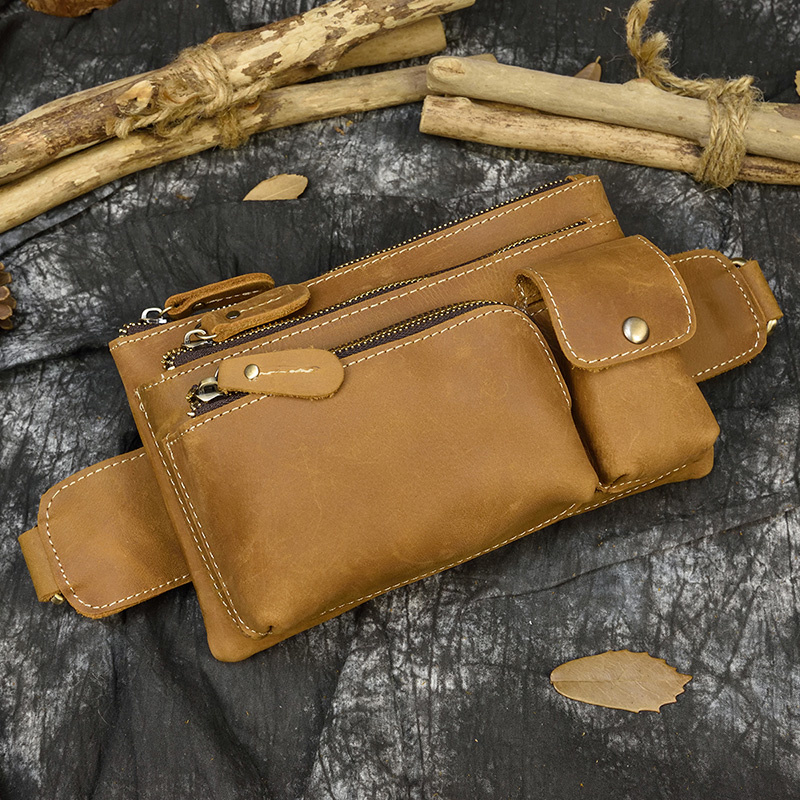 Crazy Horse Men Waist Bag Real Leather Chest Outdoor Casual Full Grain Porable Gym s Messenger Brown 2d8a2
