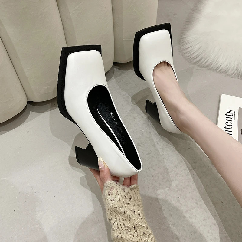 er Women Mary Jane Shoes Spring Leahter Shoes Fashion Female Square Head Toe Mid Heel Elegant Woman Pumps 241112
