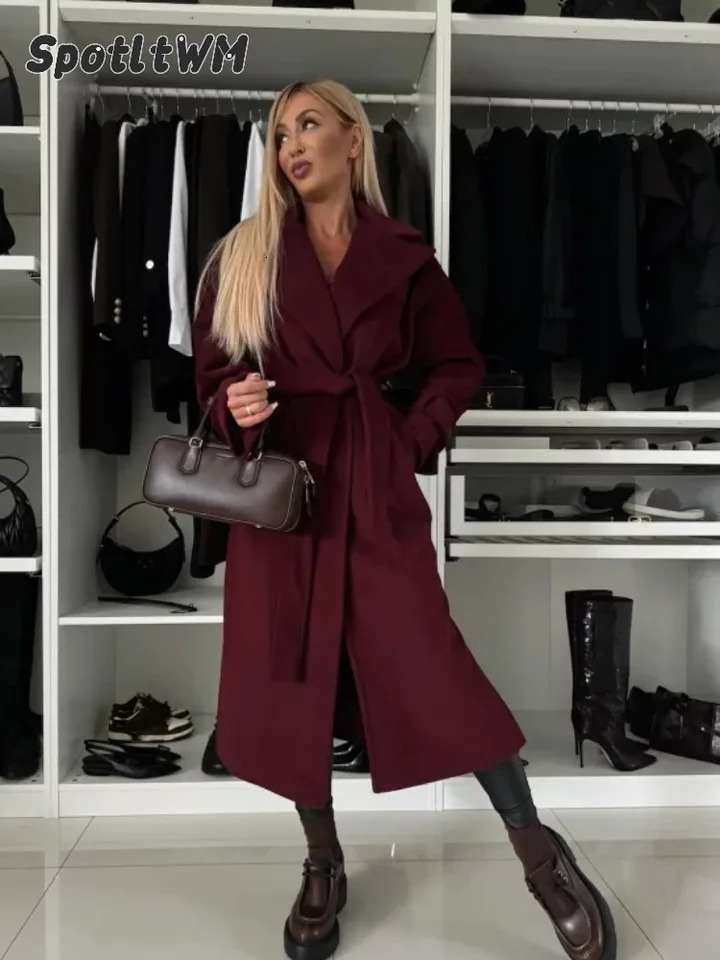 Elegant wine red collar womens coat with belt fashionable long sleeved side split wool blend coat winter womens fashionable coat 241112