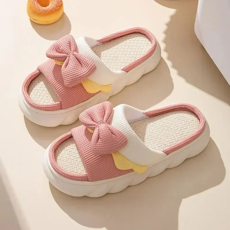 Linen Slippers Women Indoor Slippers Comzy Anti-Slip House Cotton Shoes Cute Bowknot Flat Slipper Couples Slides Spring Summer 241112