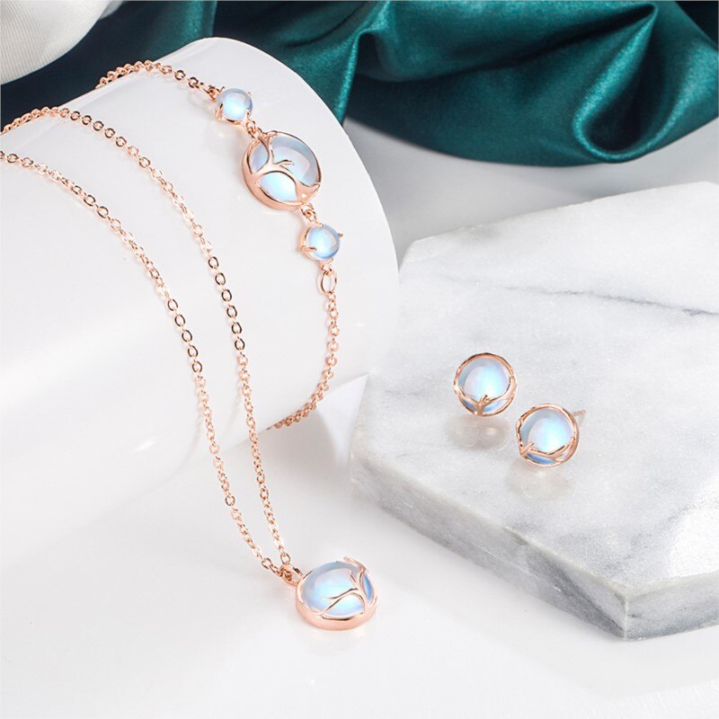 Moonstone Antler Stud Earrings Necklace Bracelet Jewelry Sets for Women Engagement Party Jewelry