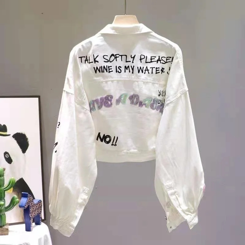 Cartoon flocking letter printed white denim jacket for womens Spring and Autumn short sleeved denim jacket for womens fashion 241112