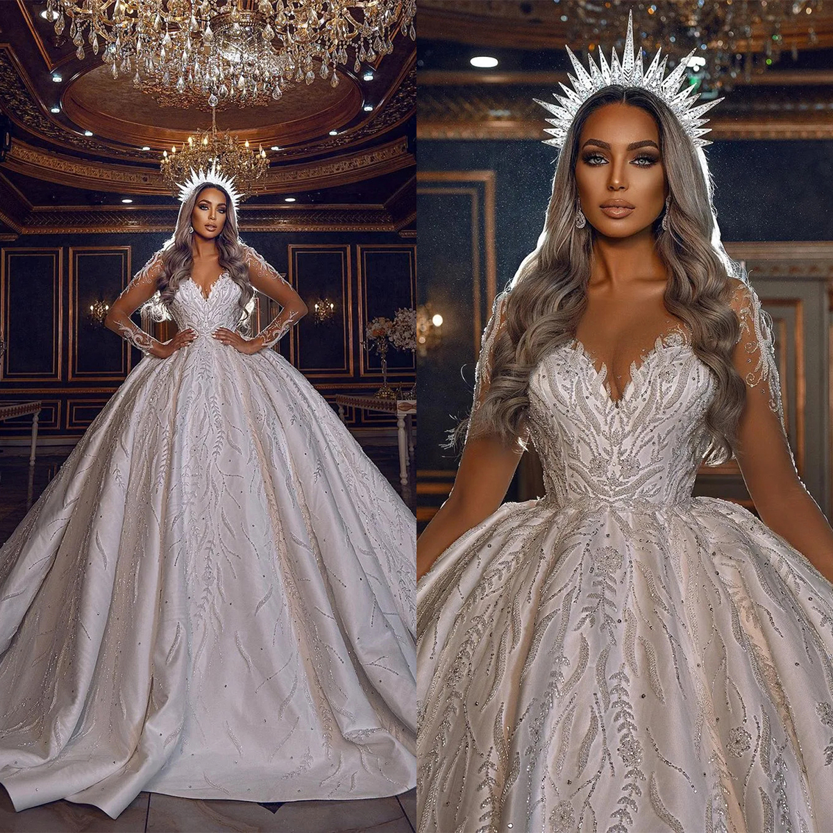 Gorgeous A Line Women Wedding Dress Sheer Neck Long Sleeves Bridal Gowns Sequins Lace Sweep Train Dress Custom Made vestidos de novia