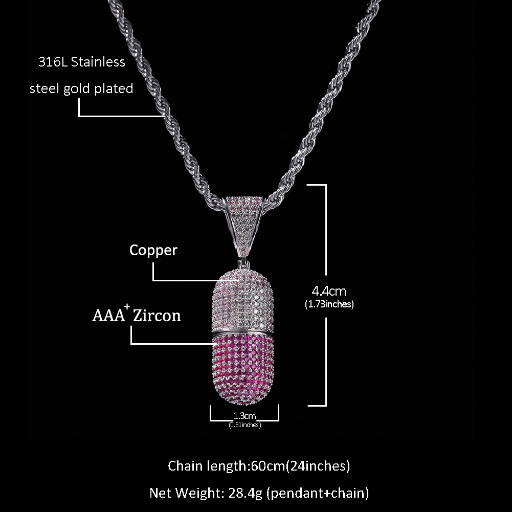 Hip Hop Capsule Pendant Necklace Can be Unscrewed Full Cubic Zirconia with Stainless Steel Rope Chain