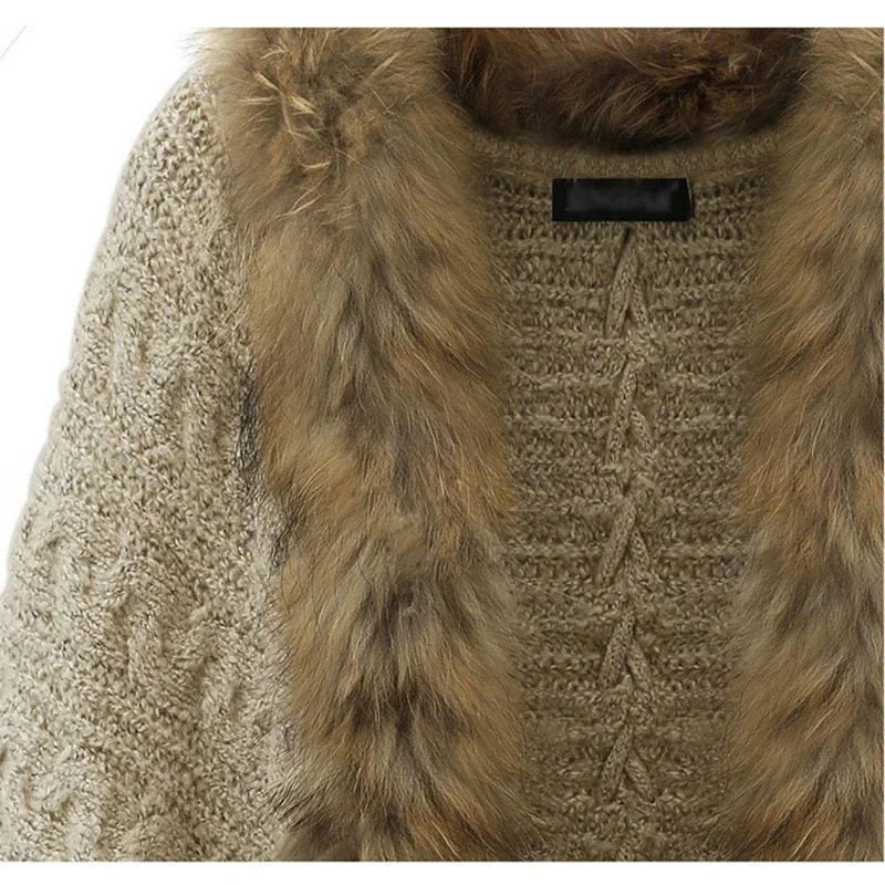 Women Cardigans Sweater Thick Poncho Capes 2024 Autumn Winter Femme knitted Bat Sleeve Fur Collar Knitted Long Cardigan 241108
