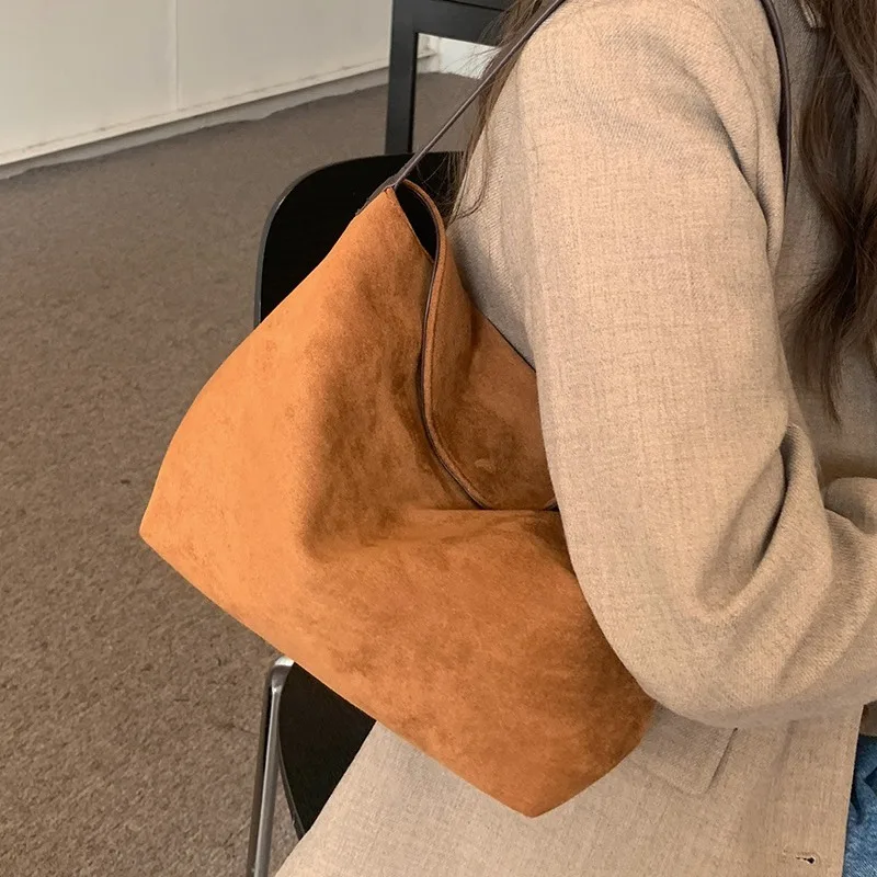 Scrub pu Leather women Axillary bags Brand design ladies handbag female hobos Shoulder bag Faux Suede tote bolsa brown totes