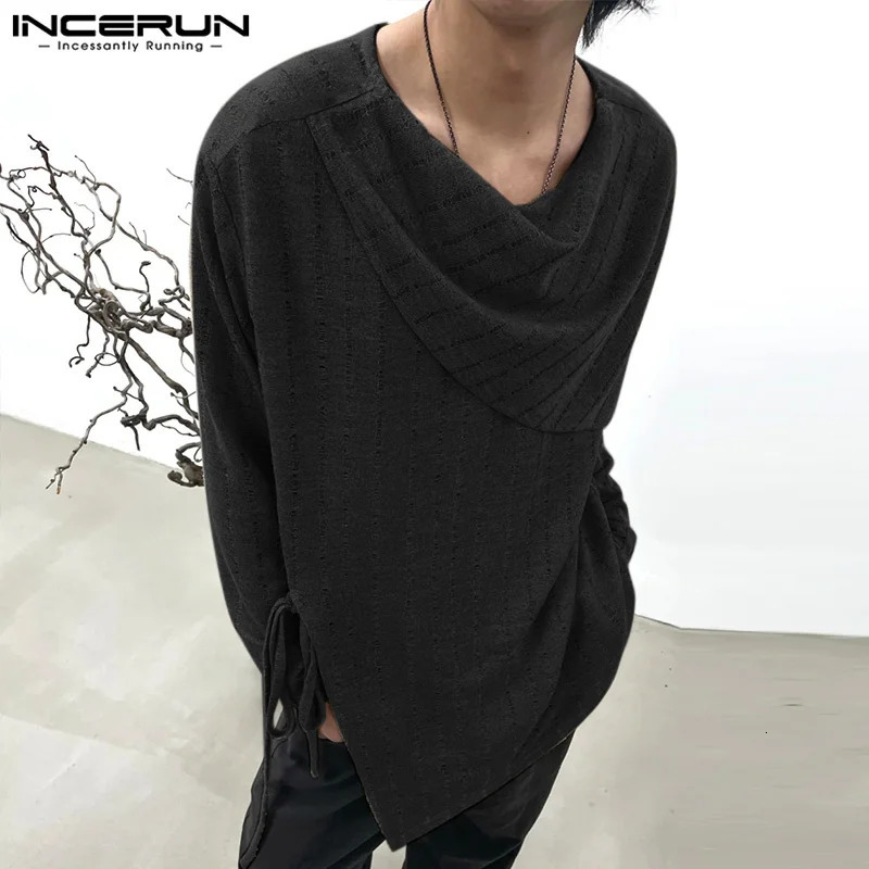 INCERUN Mens Irregular T-shirt Knitted Hollow Solid Color Long Sleeve Casual Mens Street Clothing Fashion T-shirt 241112