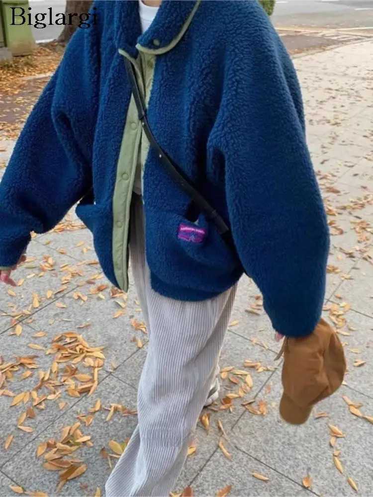 Autumn and Winter Teddy Reversible Patch Work Jacket Coats Womens Loose Womens Jacket Long Sleeve Modis Printed Womens Jacket 241112