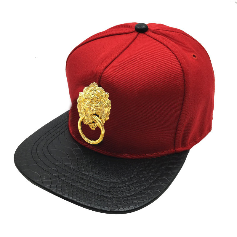 New Metal Sculpture Lion Head Hats Snakeskin Leather Hip Hop Cap Punk Style Baseball Caps For Men Women Black Red 201023