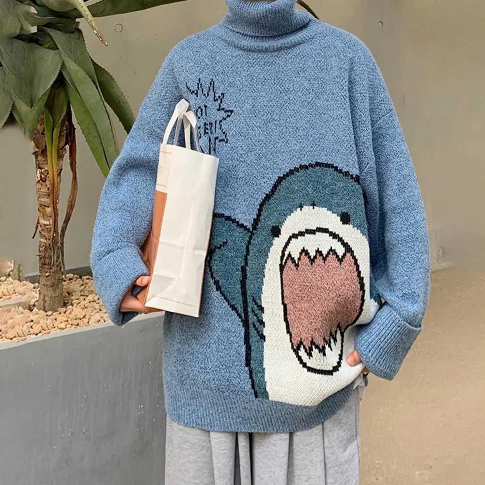 Mens and womens turtle neck shark sweater mens 2022 winter patch or Harajuku Korean style high neck oversized turtle neck autumn sweater W2411111