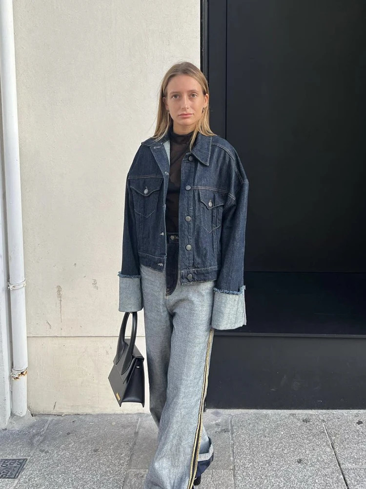 TRAF Womens Pocket Decoration Collar Curled Cuff Denim Jacket Fashion Retro Single breasted Short Jacket 241112