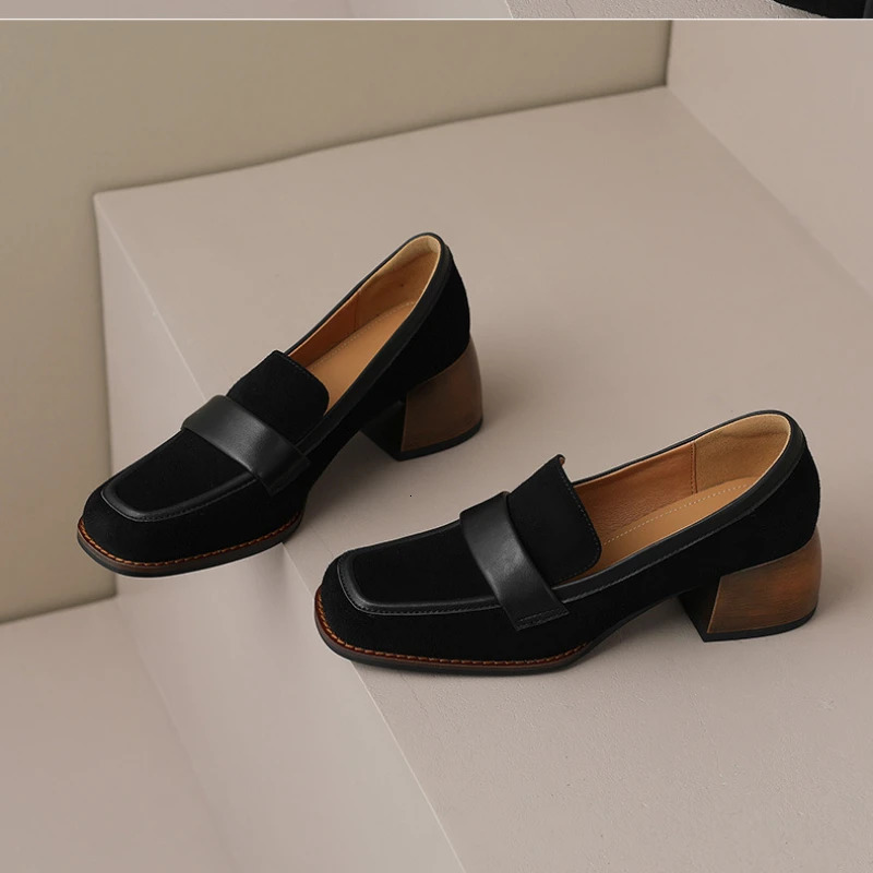 Shoes For Women Mid Heels Square Toe Black Slip On Mary Jane Zapatos Mujer Elegant Leather Outdoor Sandals Spring Summer Autumn 241112