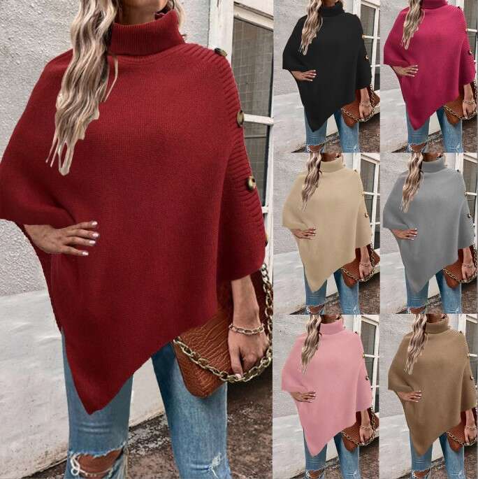 Autumn and winter new solid color high neck shawl cloak knitted sweater jacket for women