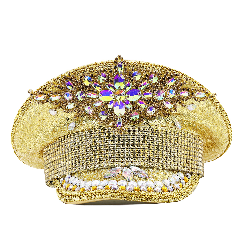 Hot Women Sequin Burning gold Bride Military Hat Handmade Sailor Captain Sergeant Hat Birthday Festival Part Hat 25dff