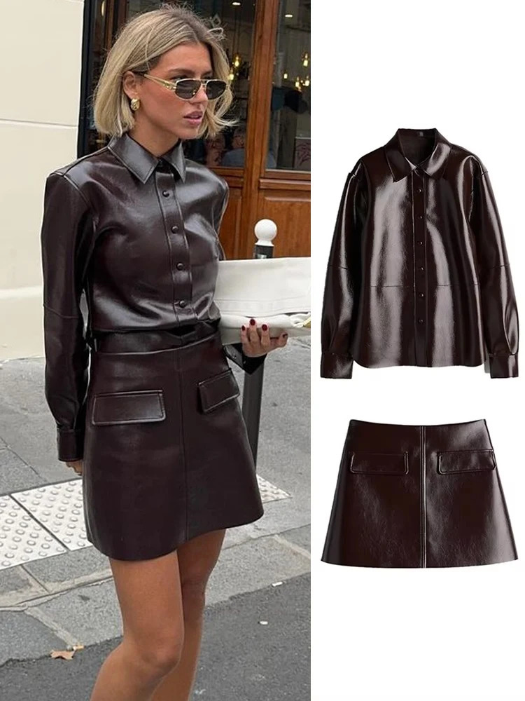 Fashion Leather Mini Skirt Sets Women Y2K Long Sleeve Bike Jacket Hip Package Short Skirt Suits Female Street Motorcycle Outfits 241111