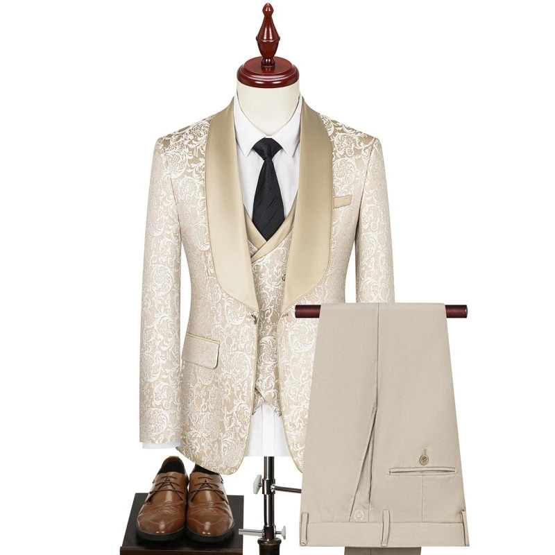 Lansboter Green Men Suit 3 Pieces Printed Striped With Lapel For Wedding Banquet Work Business Tuxedo Set Jacket Vest With Pants 241111