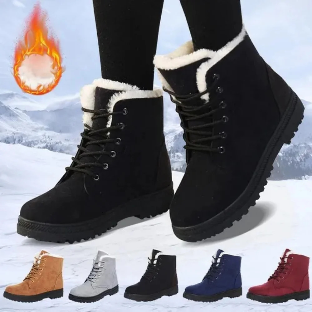 Womens warm winter snow boots casual lace ankle boots non slip warm fur lined boots 241111