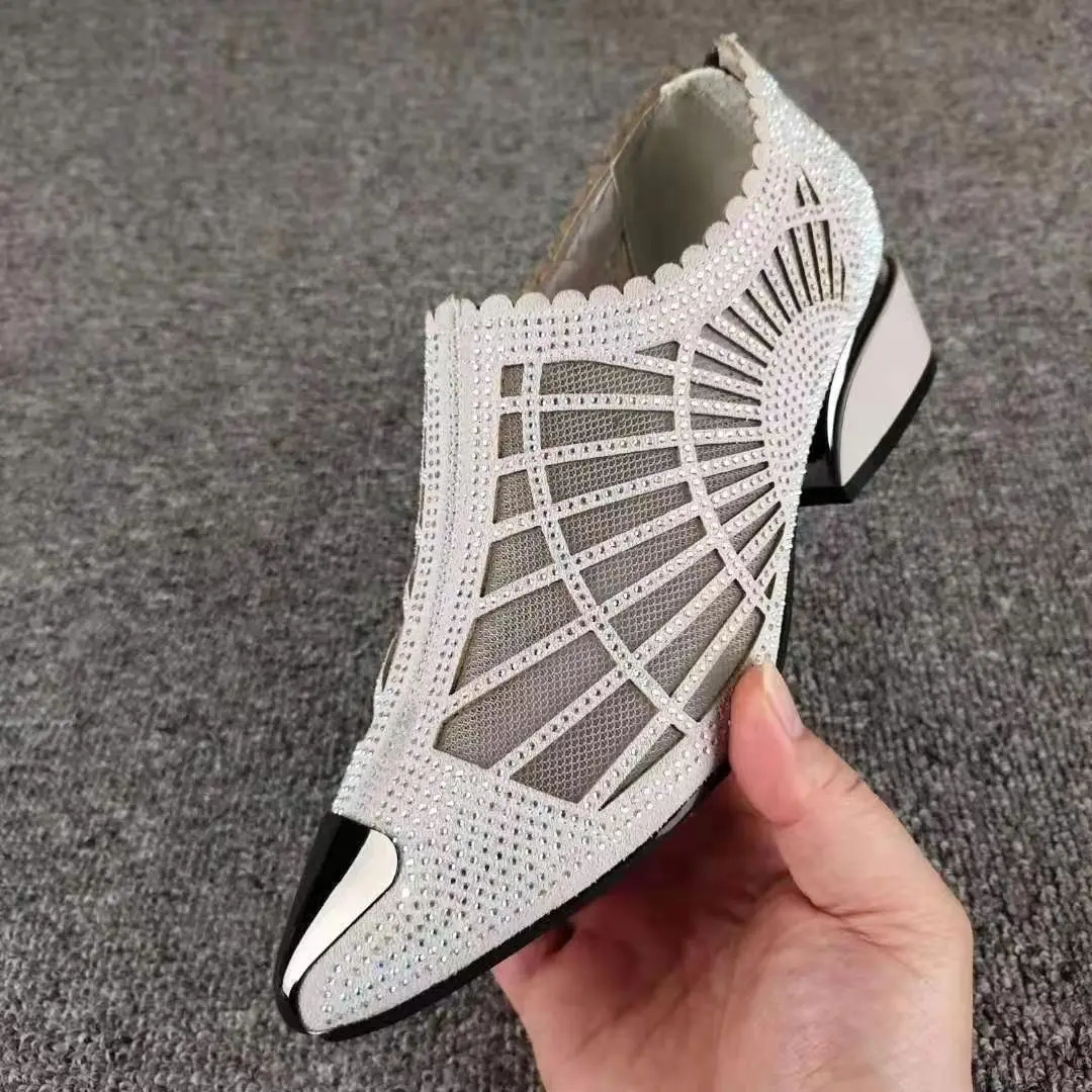 Womens Pointed Toe Sandals Breathable Mesh Tie Water Diamond Transparent Elegant Middle Heel Simple Pump Shoes Mesh Sandals 241111