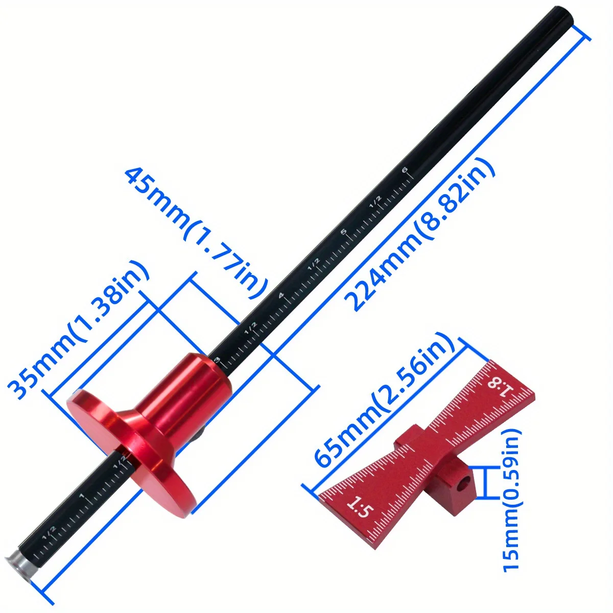Wheel Marking Gauge Dovetail Jig Guide Marker Aluminium Alloy Scribing Tool - Woodworking 1:5 1:8, Inch/MM Scale Ruler