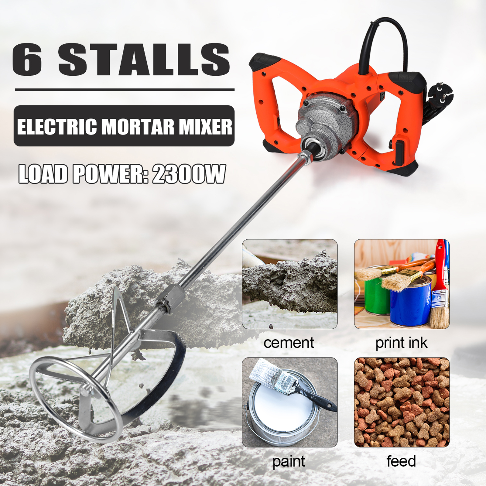 2300W Industrial Grade Cement Mixer 6 Speeds Adjustable Paint Plaster Mortar Coating Mixer Putty Powder Handheld Mixing Machine