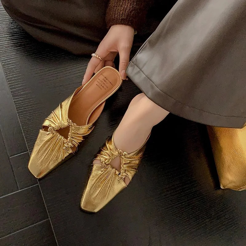 Classic square toe womens mule 2024 summer Korean fashion womens closed toe slider comfortable low heel daily slider 241111