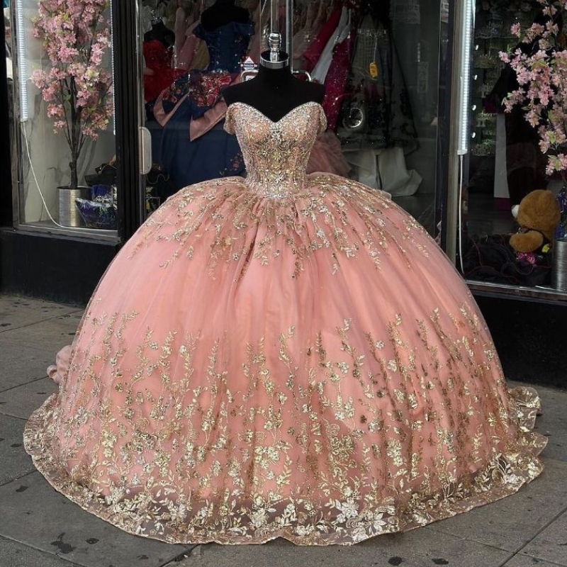 Pink Shiny Quinceanera Dresses Ball Gown Sequin Gold Appliques Lace Beading Crystal Sweet 16 Dress Vestido De 15 Anos