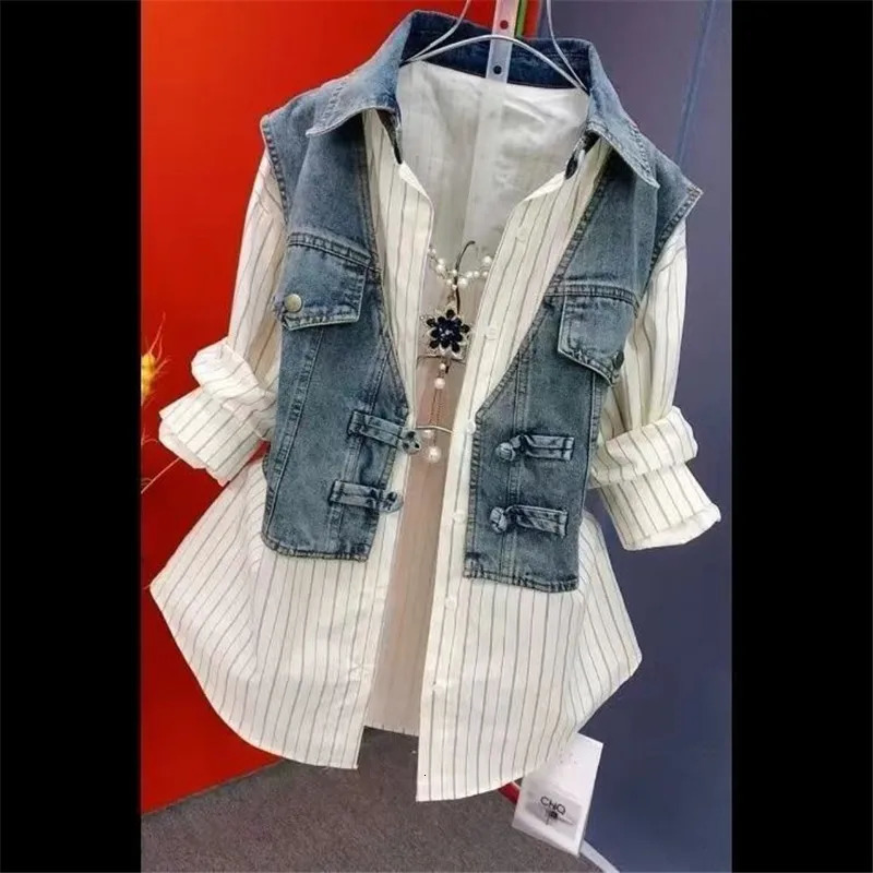 Fashion n Sense Striped Denim Jackets Shirt Womens Spring Summer cowboy Splicing Two Pieces Coat Top Women