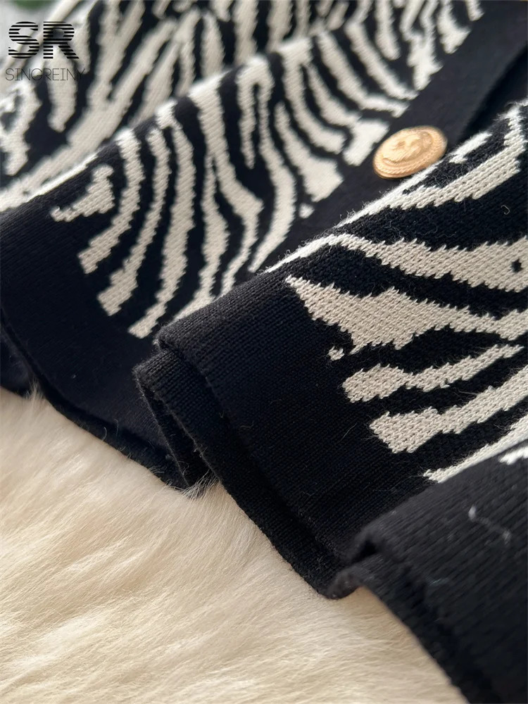 Singreiny Senior Leopard two-piece womens O-neck metal button cardiganbodysuit color block winter thick knit set 241112