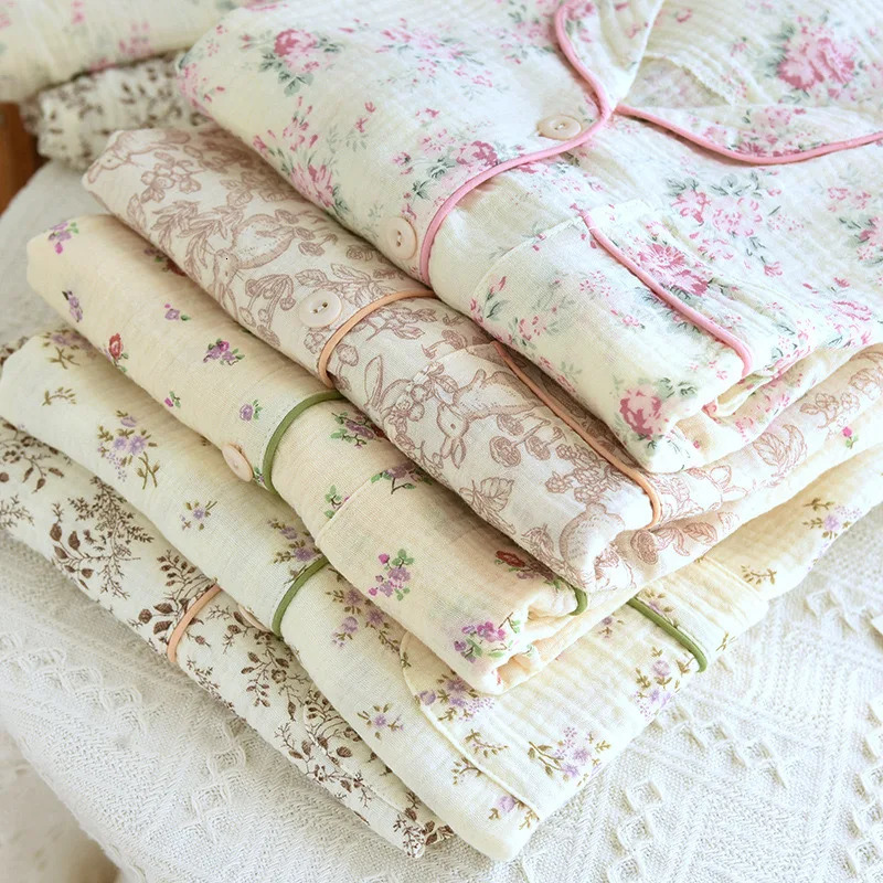 Autumn long sleeved cotton double high waisted womens pajamas loose casual plus size casual jacket flip collar printed pajamas 241112