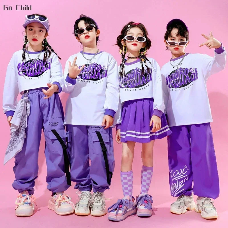 Hip Hop Girls Crop Top Skirts Purple Clothes Sets Boys Jazz Vest Sweatshirts Street Dance Cargo Pants Children Kids Streetwear 241112
