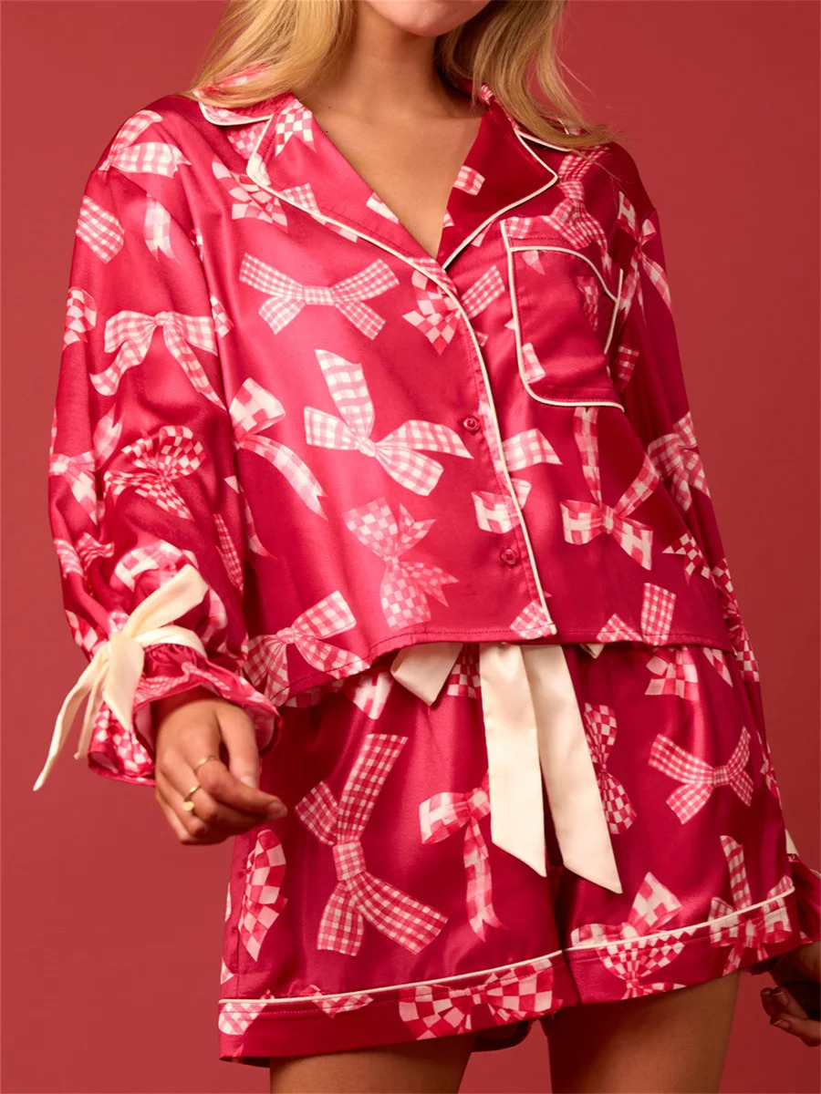 Women 2025 Christmas Pajama Set 2 Piece Button Down Shirt Nutcracker Satin Bow Santa Sleep Shorts Outfit Y2k Loungewear 241112