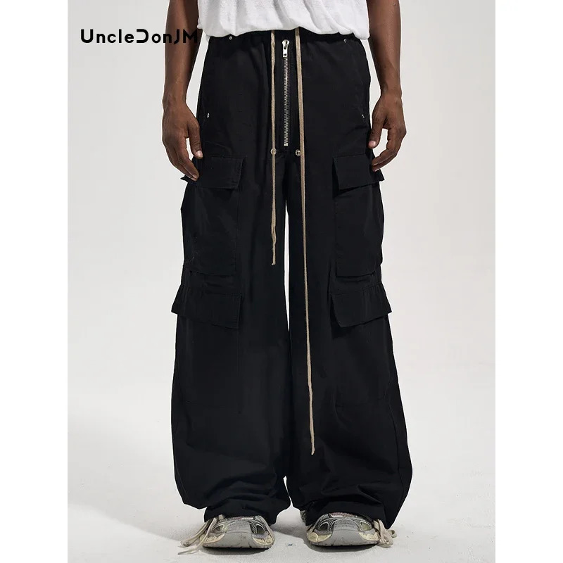 Vintage Zipper Side Pocket Cargo Pants Flared Casual Men Y2k Baggy Japanese Streetwear Trousers 241112