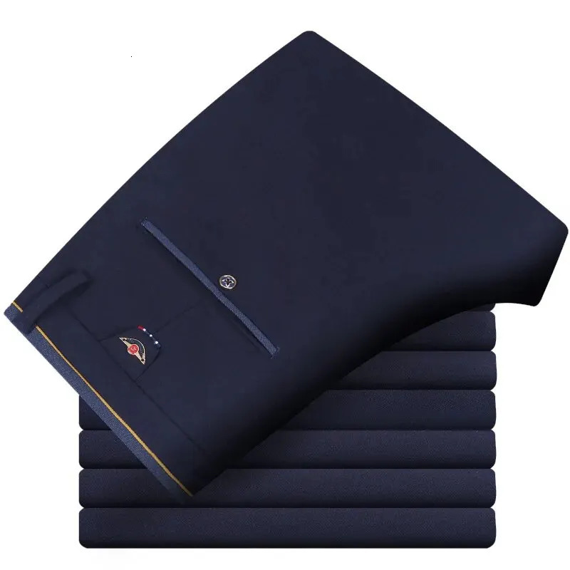 Mens Elastic Straight Pants Business Casual Long Suit Male Formal Trousers Solid Colors Black BLue Plus Size 38 40 241111