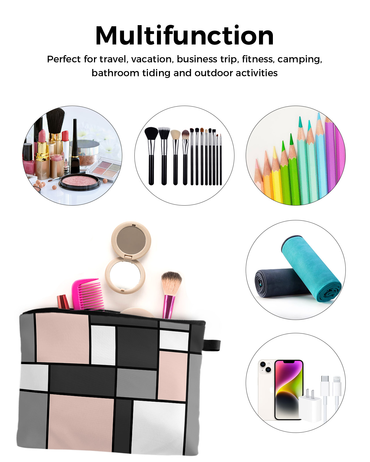 Geometric Figures Blush Pink Abstract Cosmetic Bag Portable Makeup Pouch Women Waterproof Bathroom Multifunctional Washbag 626b1